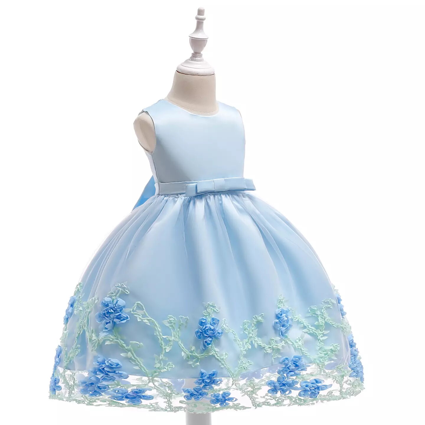 Yeri Light Blue 3D Floral Satin Girls Party Dress - Knee Length Junior Bridesmaid & Birthday Dress