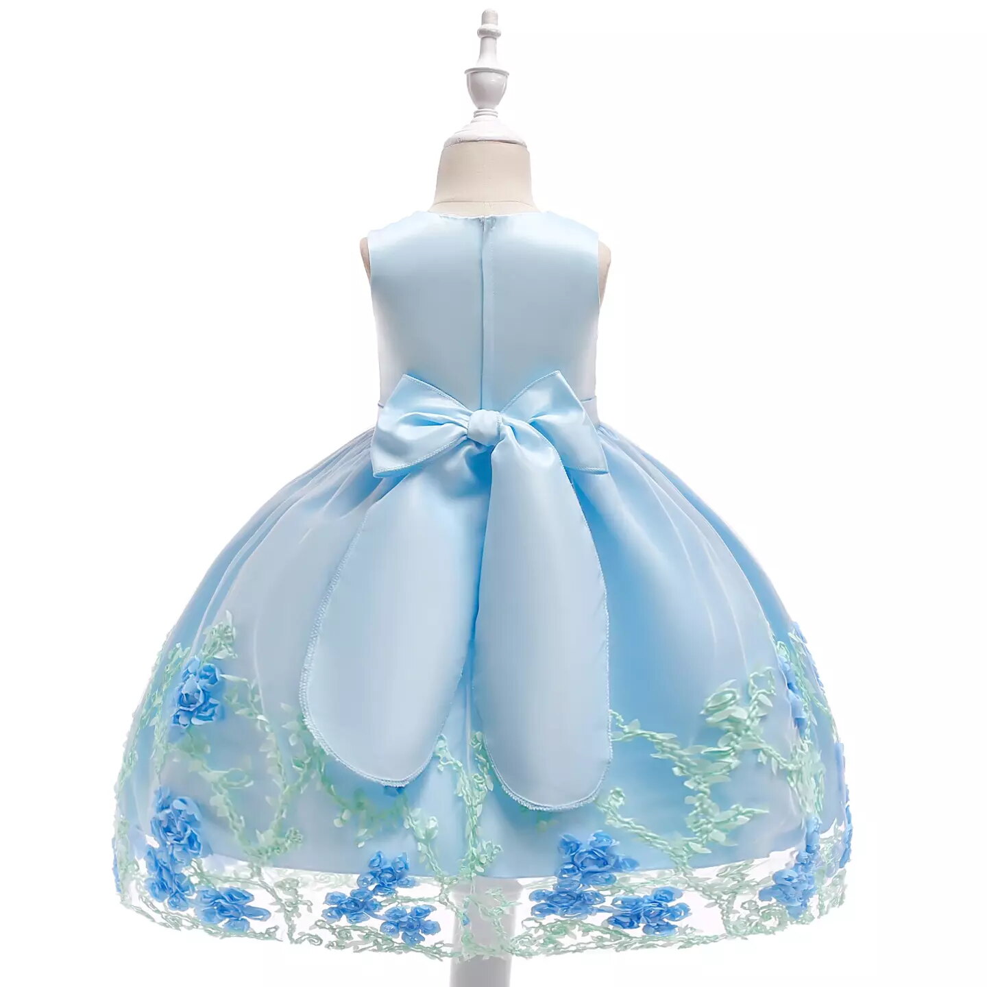 Yeri Light Blue 3D Floral Satin Girls Party Dress - Knee Length Junior Bridesmaid & Birthday Dress