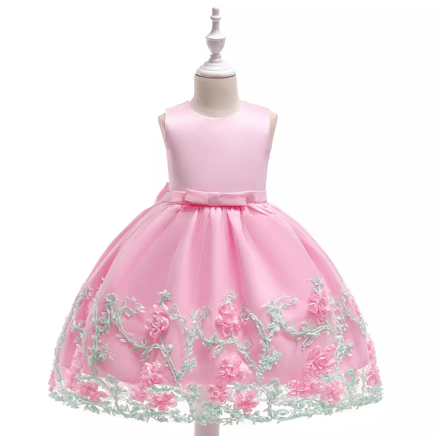 Yeri Pink 3D Floral Satin Girls Party Dress - Knee Length Junior Bridesmaid & Birthday Dress