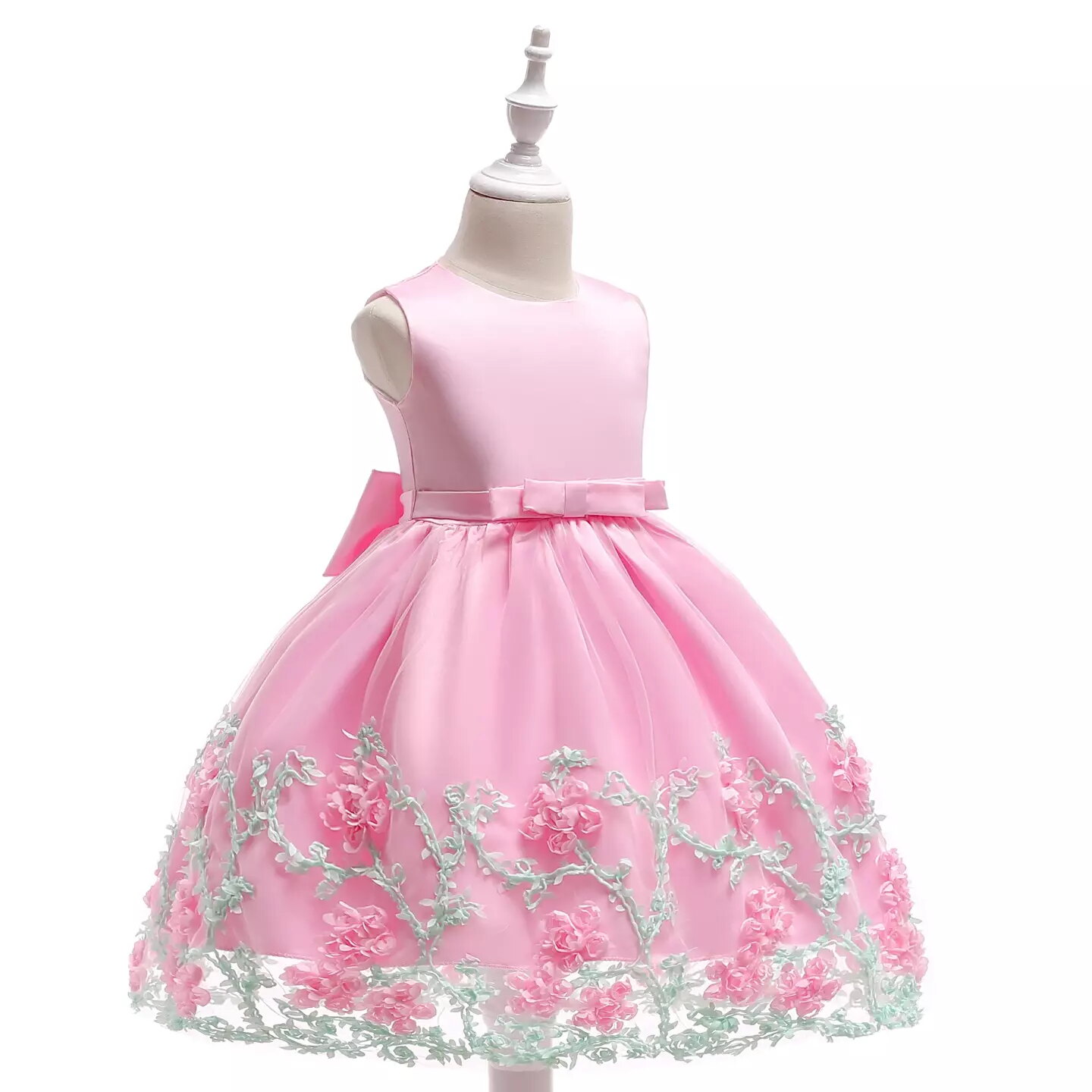 Yeri Pink 3D Floral Satin Girls Party Dress - Knee Length Junior Bridesmaid & Birthday Dress