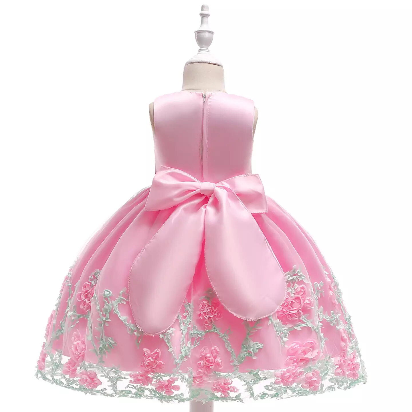 Yeri Pink 3D Floral Satin Girls Party Dress - Knee Length Junior Bridesmaid & Birthday Dress
