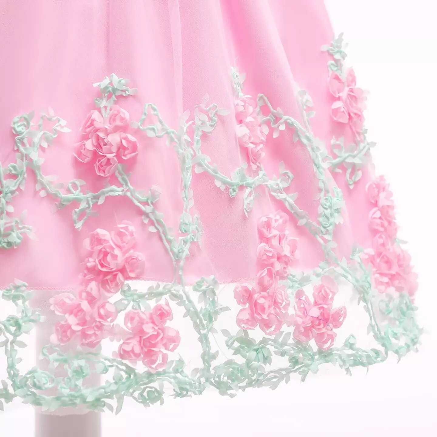 Yeri Pink 3D Floral Satin Girls Party Dress - Knee Length Junior Bridesmaid & Birthday Dress