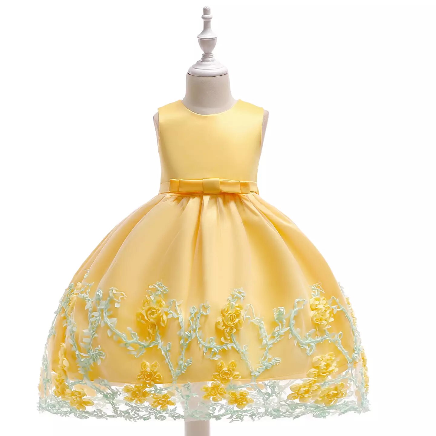 Yeri Yellow 3D Floral Satin Girls Party Dress - Knee Length Junior Bridesmaid & Birthday Dress