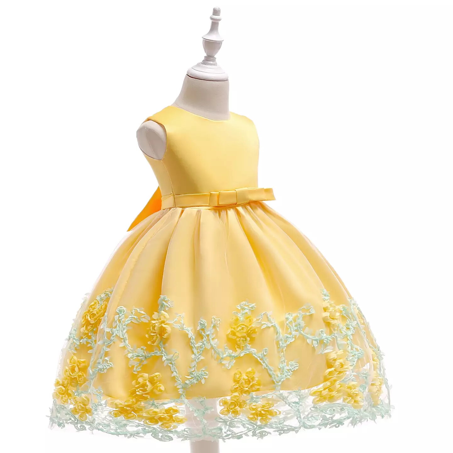 Yeri Yellow 3D Floral Satin Girls Party Dress - Knee Length Junior Bridesmaid & Birthday Dress