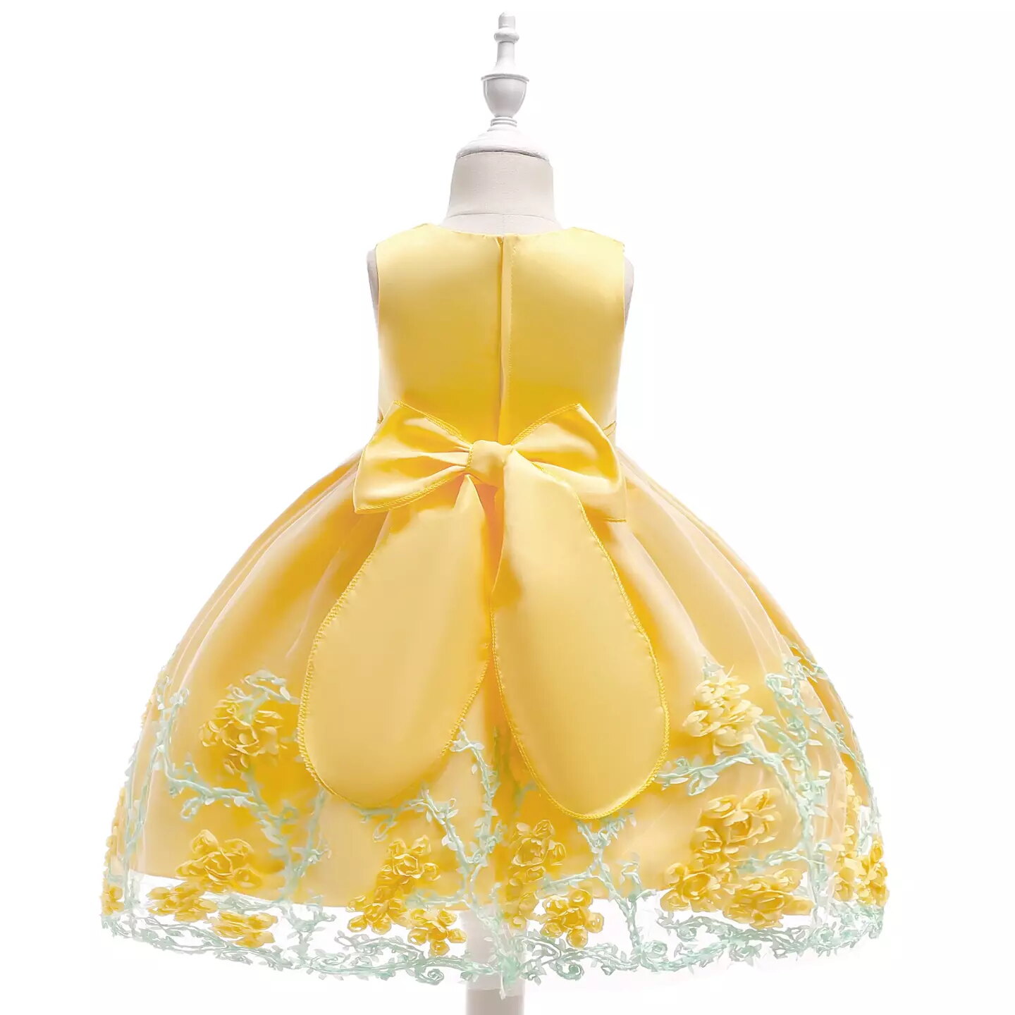 Yeri Yellow 3D Floral Satin Girls Party Dress - Knee Length Junior Bridesmaid & Birthday Dress