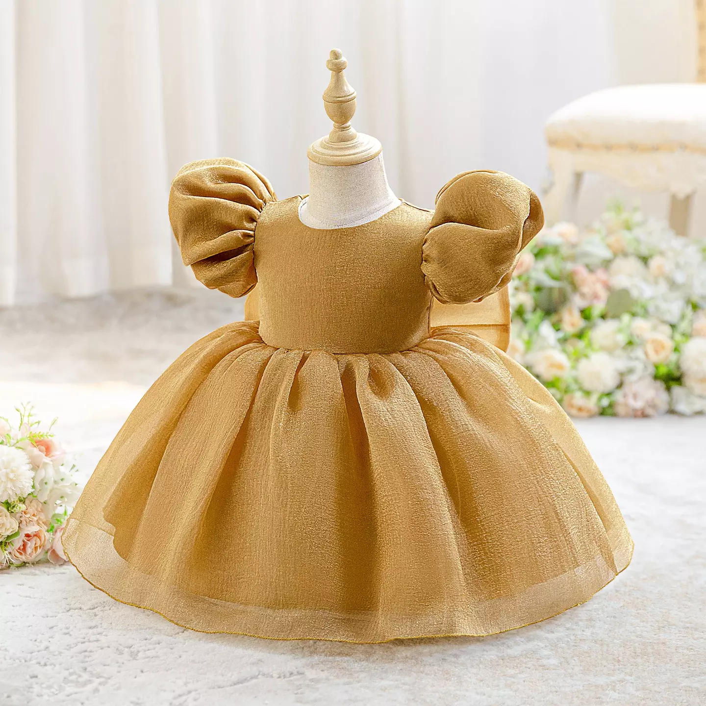 Yoona Beige Gold Puff Sleeve Party Dress with Satin Bow for Baby & Toddler Girls