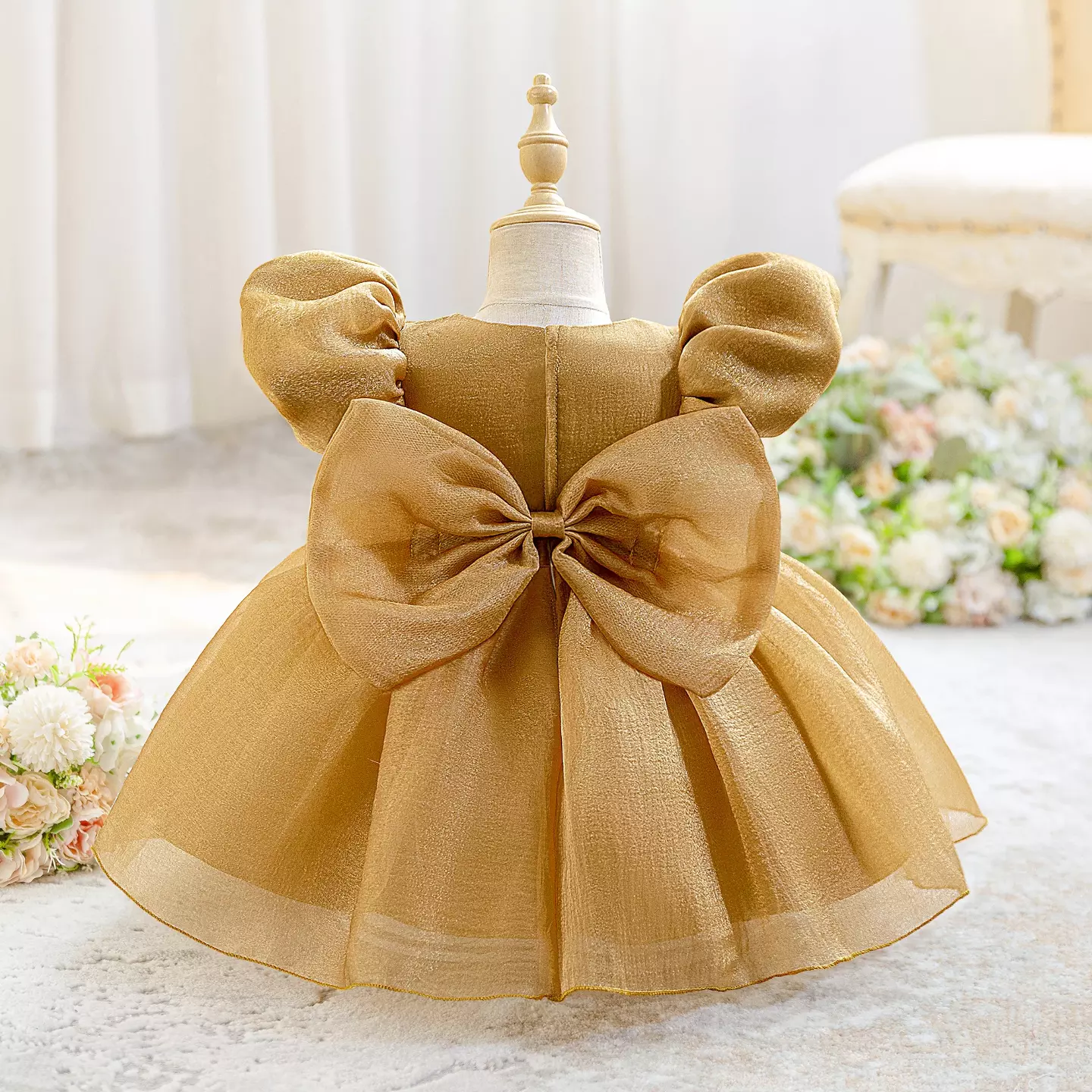 Yoona Beige Gold Puff Sleeve Party Dress with Satin Bow for Baby & Toddler Girls