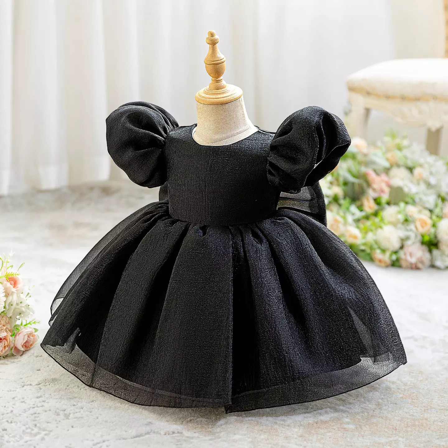 Yoona Black Puff Sleeve Party Dress with Satin Bow for Baby & Toddler Girls