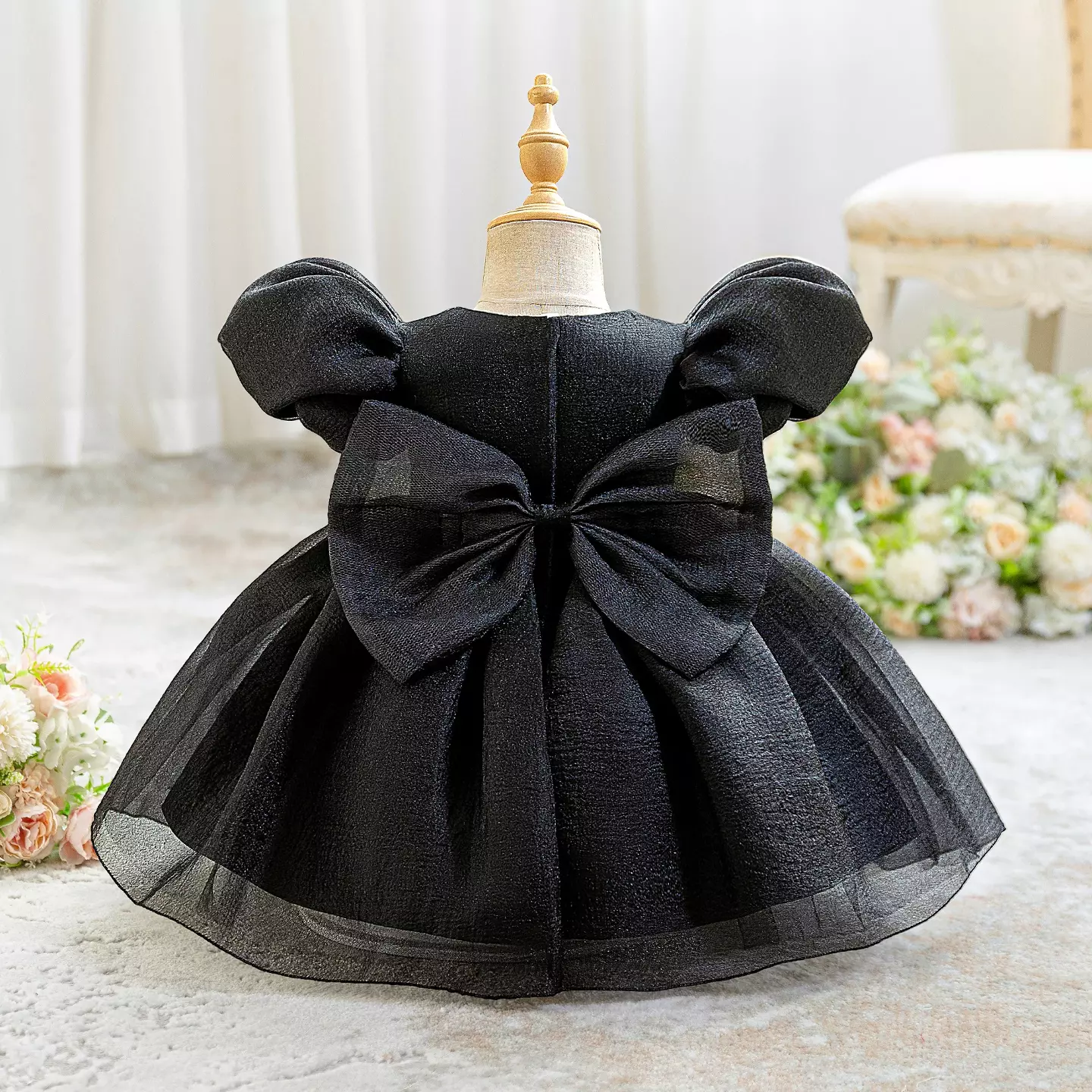 Yoona Black Puff Sleeve Party Dress with Satin Bow for Baby & Toddler Girls