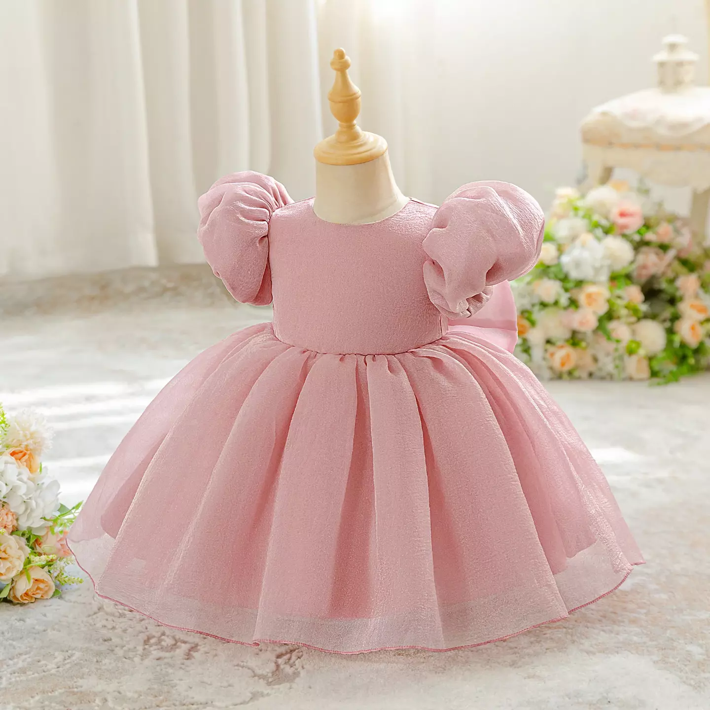 Yoona Dusty Pink Puff Sleeve Party Dress with Satin Bow for Baby & Toddler Girls