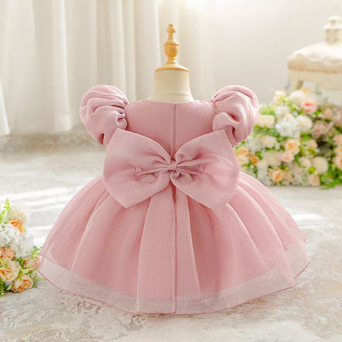 Yoona Dusty Pink Puff Sleeve Party Dress with Satin Bow for Baby & Toddler Girls