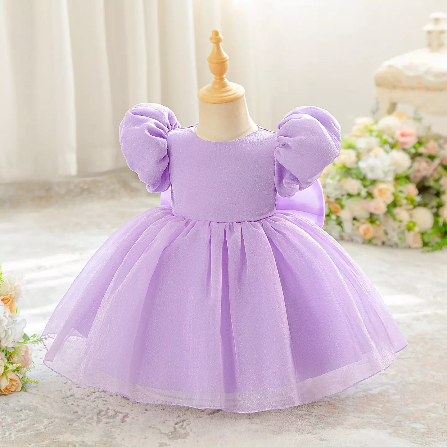 Yoona Lavender Puff Sleeve Party Dress with Satin Bow for Baby & Toddler Girls