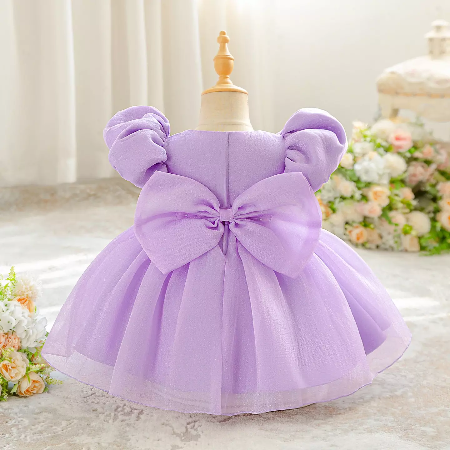 Yoona Lavender Puff Sleeve Party Dress with Satin Bow for Baby & Toddler Girls