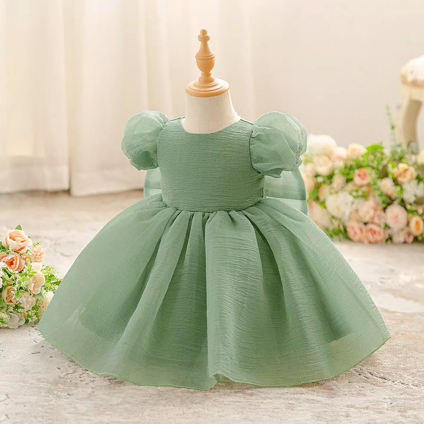 Yoona Sage Green Puff Sleeve Party Dress with Satin Bow for Baby & Toddler Girls