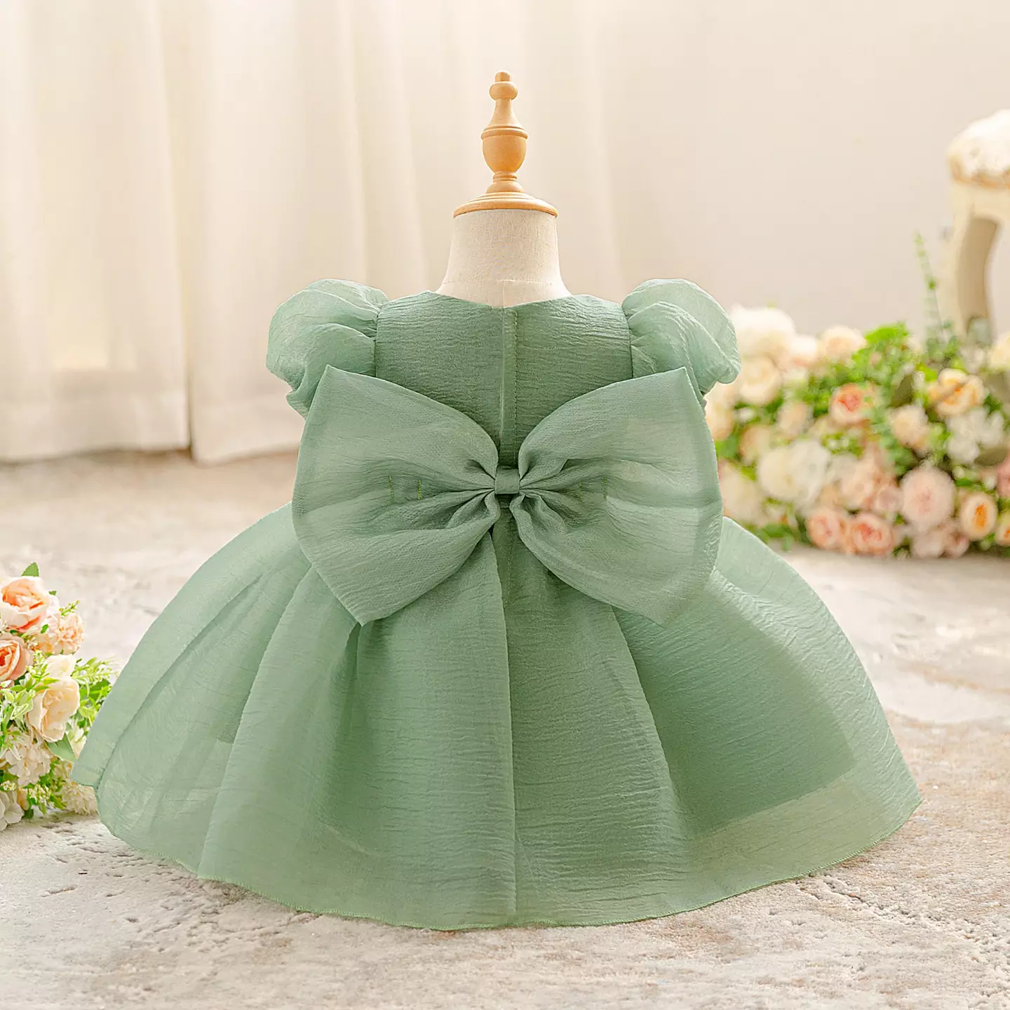 Yoona Sage Green Puff Sleeve Party Dress with Satin Bow for Baby & Toddler Girls
