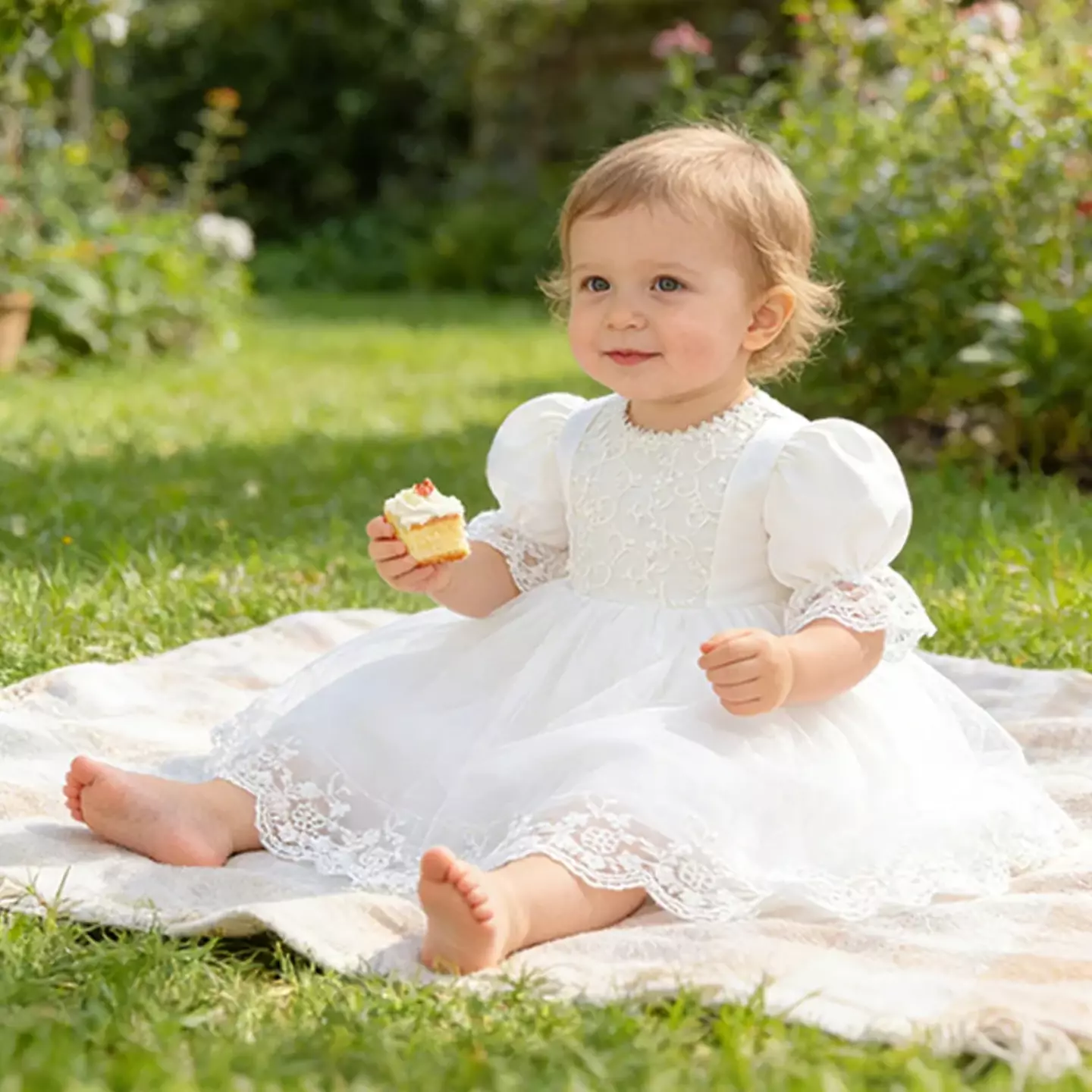 Clara White Scalloped Lace Puff Sleeve Baby Girls Party Dress | Lucys