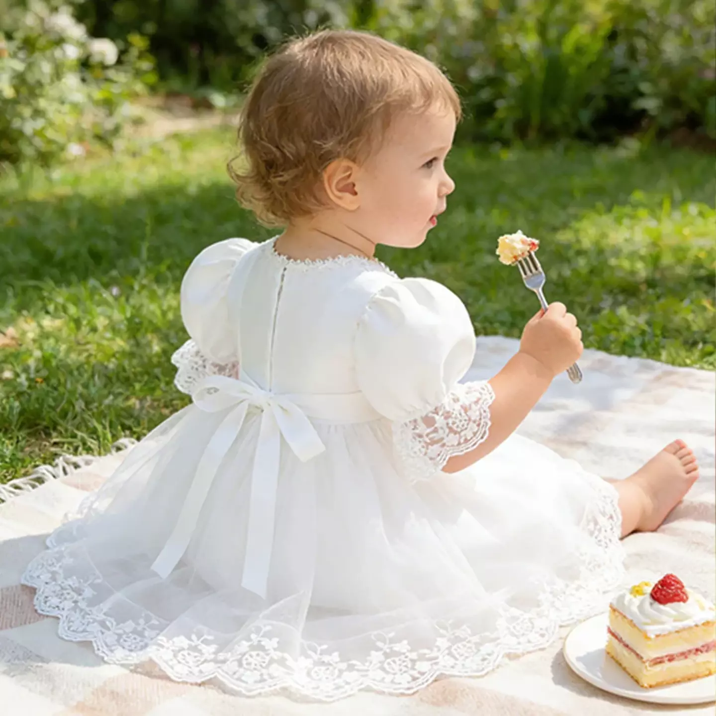 Clara White Scalloped Lace Puff Sleeve Baby Girls Party Dress | Lucys