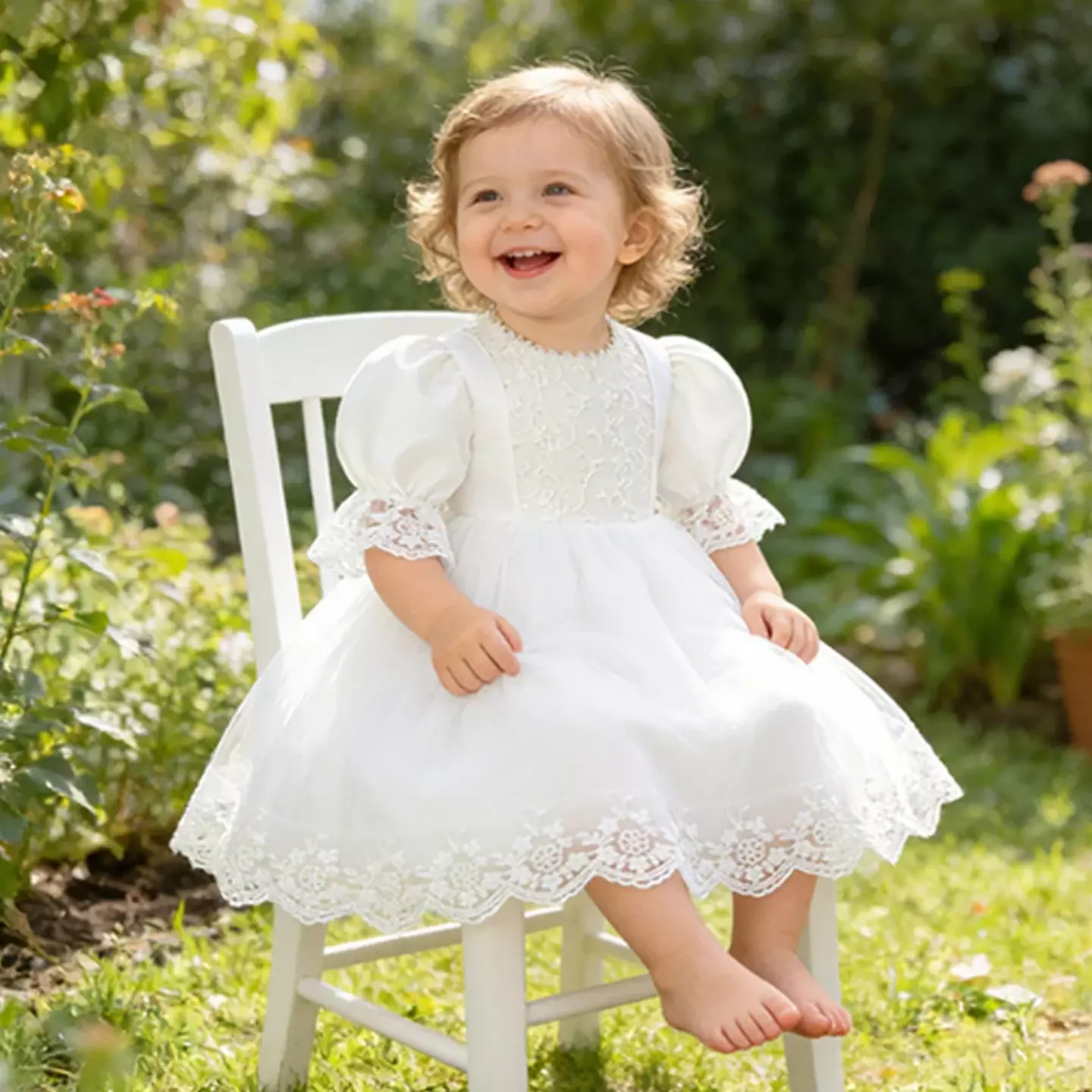 Clara White Scalloped Lace Puff Sleeve Baby Girls Party Dress | Lucys