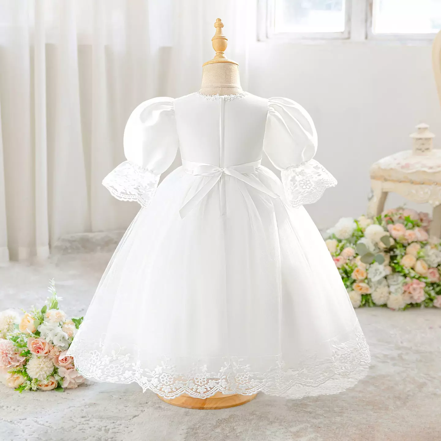 Clara White Scalloped Lace Puff Sleeve Baby Girls Party Dress | Lucys
