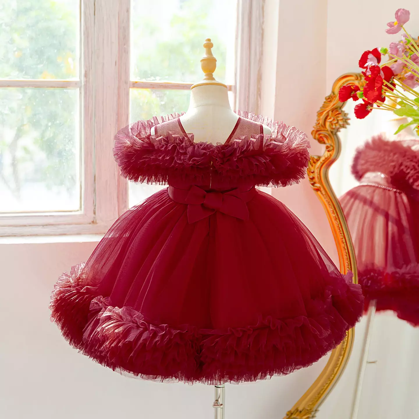 Donna Maroon Beaded Waist Ruffle Hem Girls Party Dress | Lucys