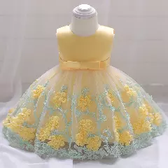 Yeri II Yellow Floral Overlay Knee Length Party Dress for Baby, Toddler & Girls