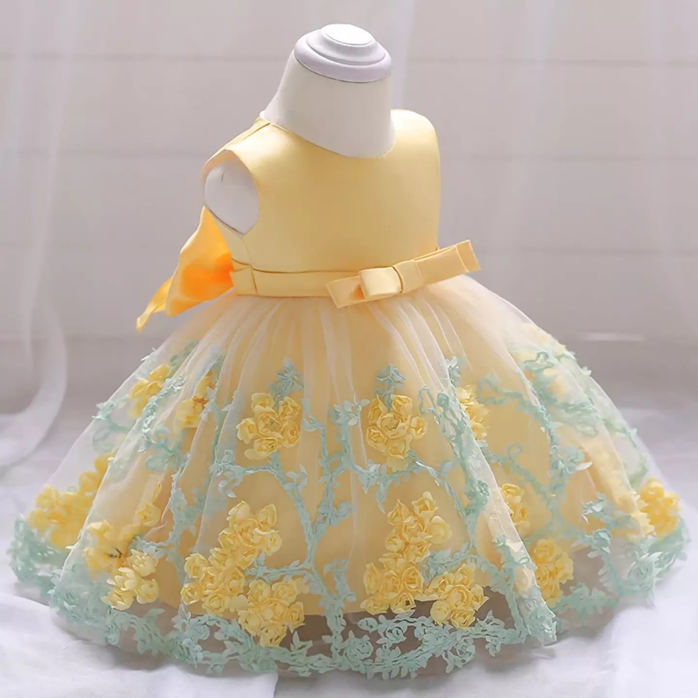 Yeri II Yellow Floral Overlay Knee Length Party Dress for Baby, Toddler & Girls