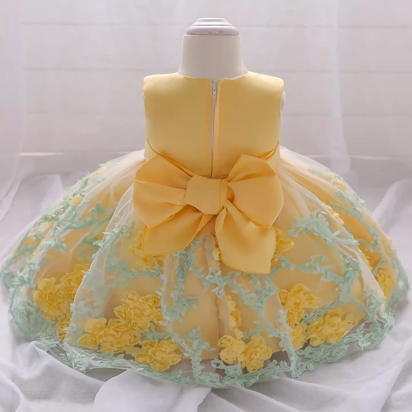 Yeri II Yellow Floral Overlay Knee Length Party Dress for Baby, Toddler & Girls