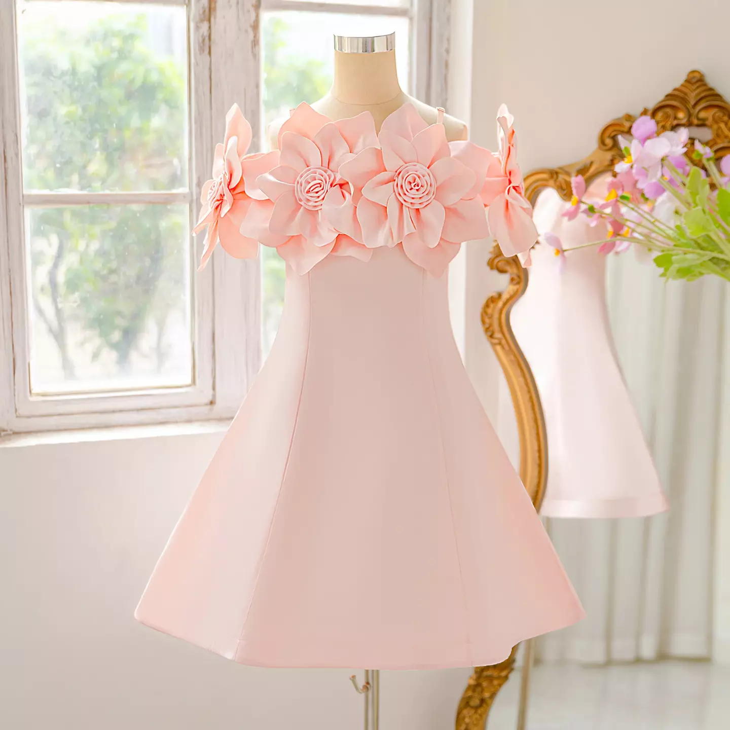 Yuliia Peach Pink 3D Floral Neckline Knee Length Girls Dress