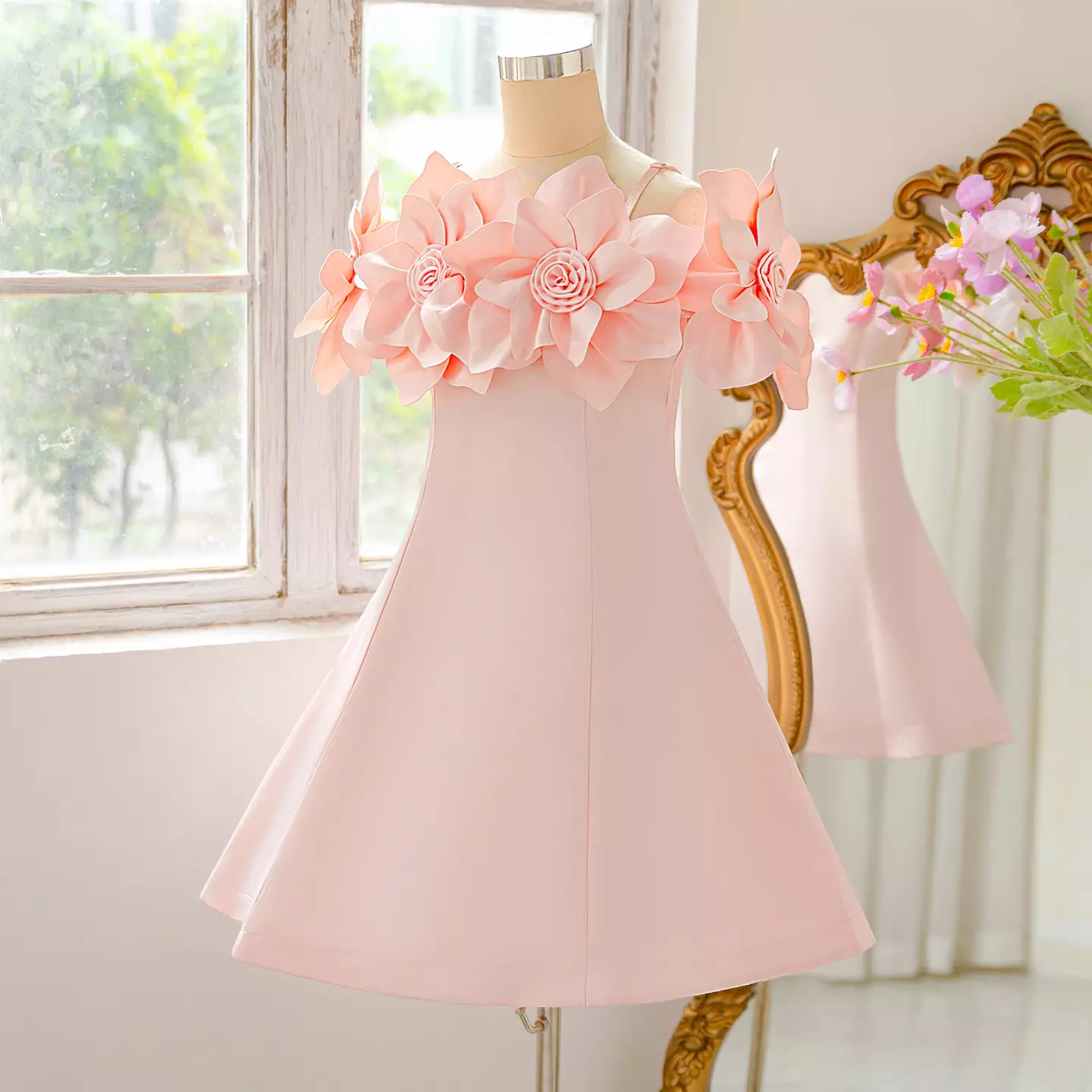 Yuliia Peach Pink 3D Floral Neckline Knee Length Girls Dress