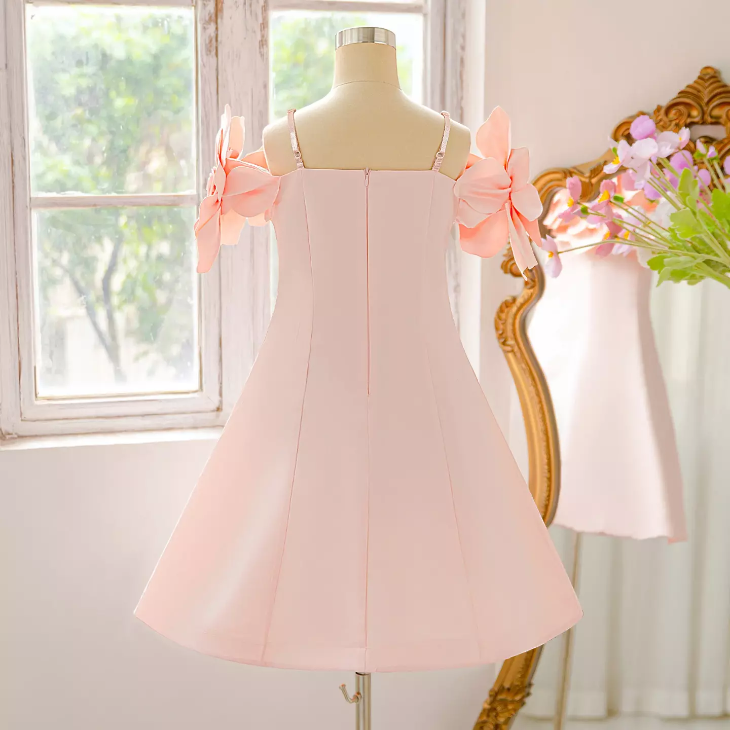 Yuliia Peach Pink 3D Floral Neckline Knee Length Girls Dress