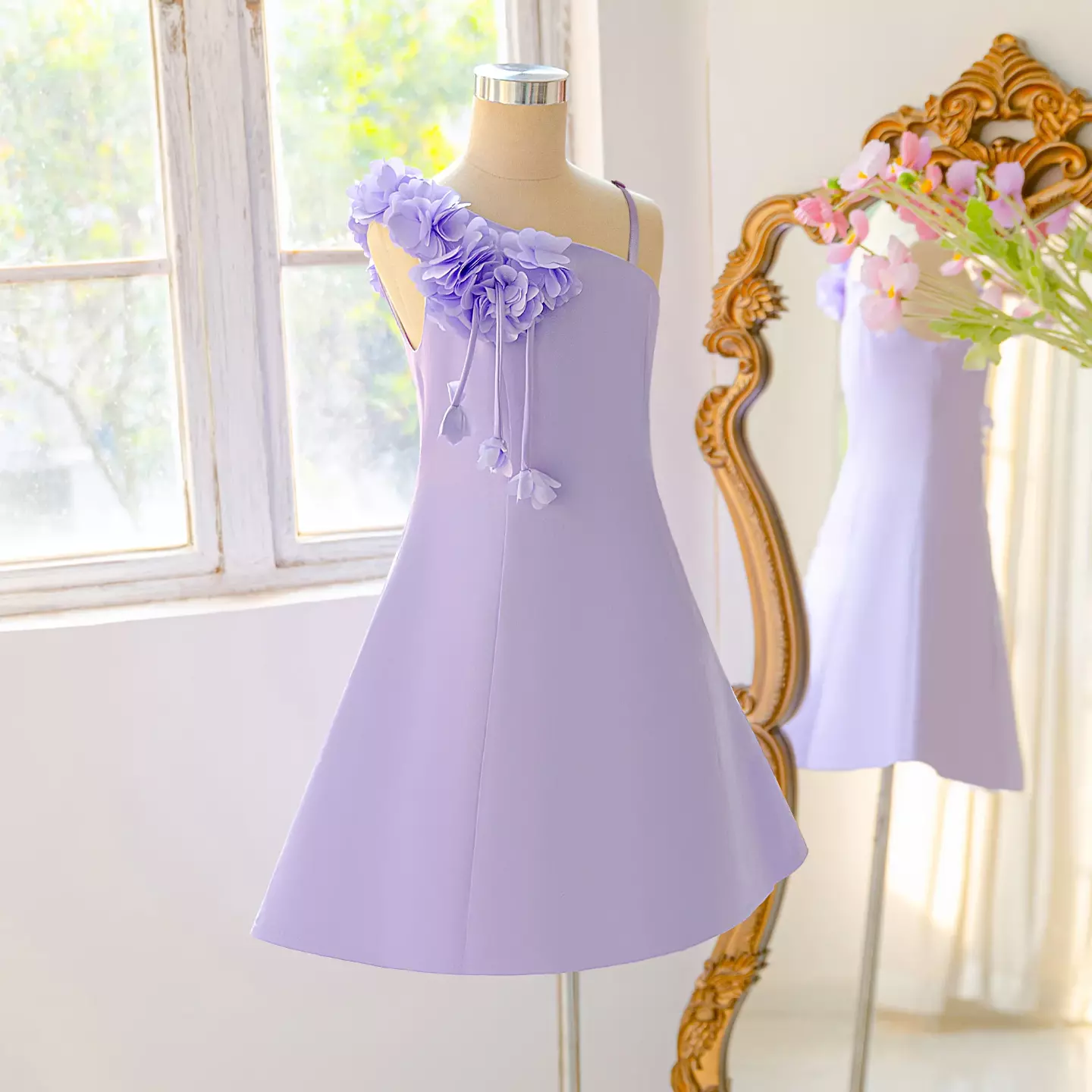 Tamara Lavender Asymmetric Floral Shoulder Knee Length Girls Party Dress