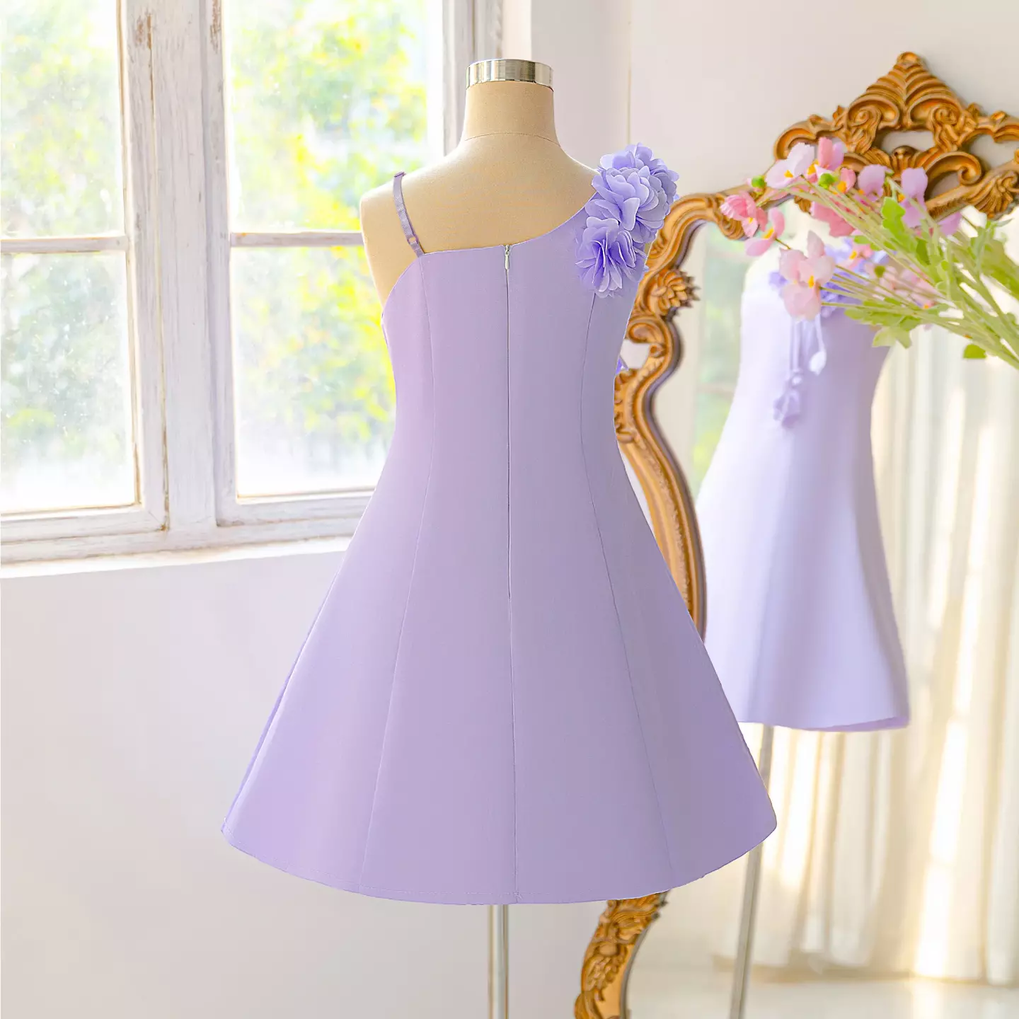 Tamara Lavender Asymmetric Floral Shoulder Knee Length Girls Party Dress