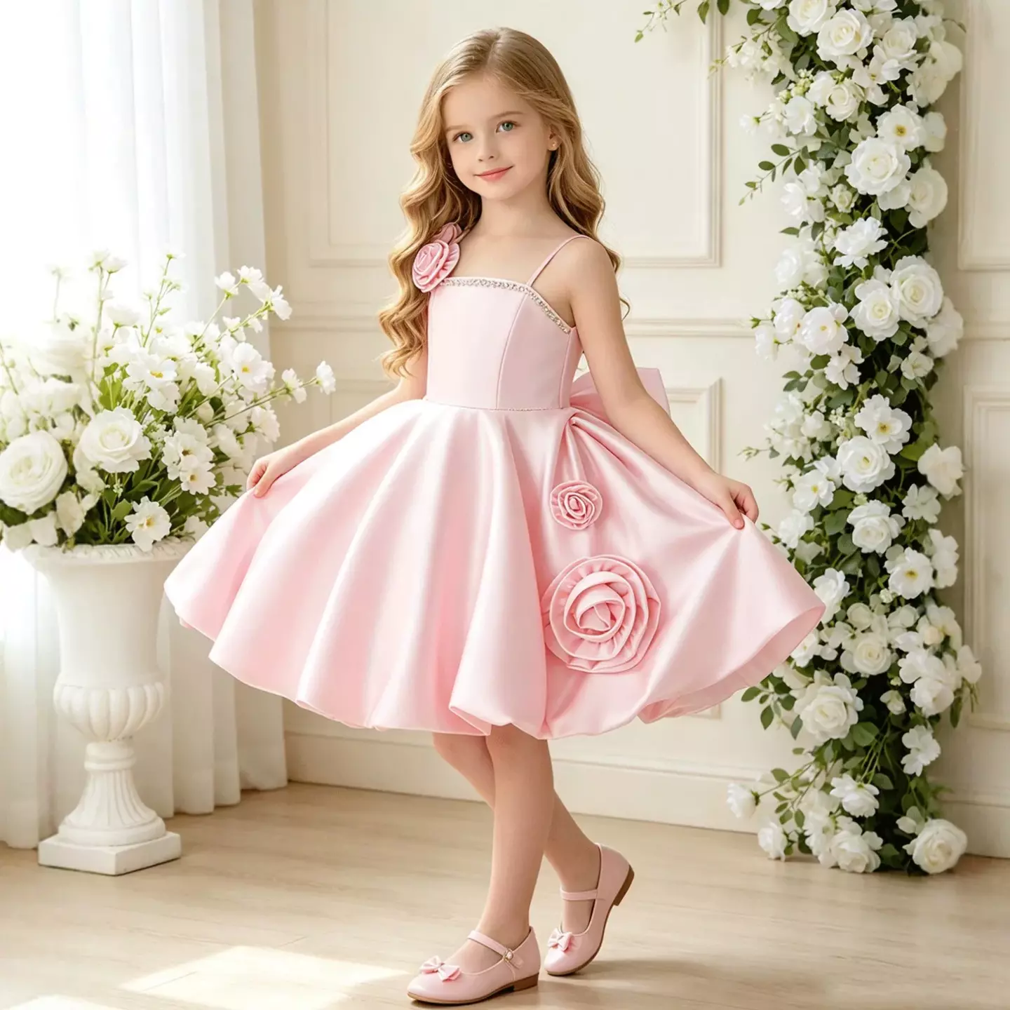 Camila Pink Rose Appliqué Strappy Knee Length Girls Party Dress