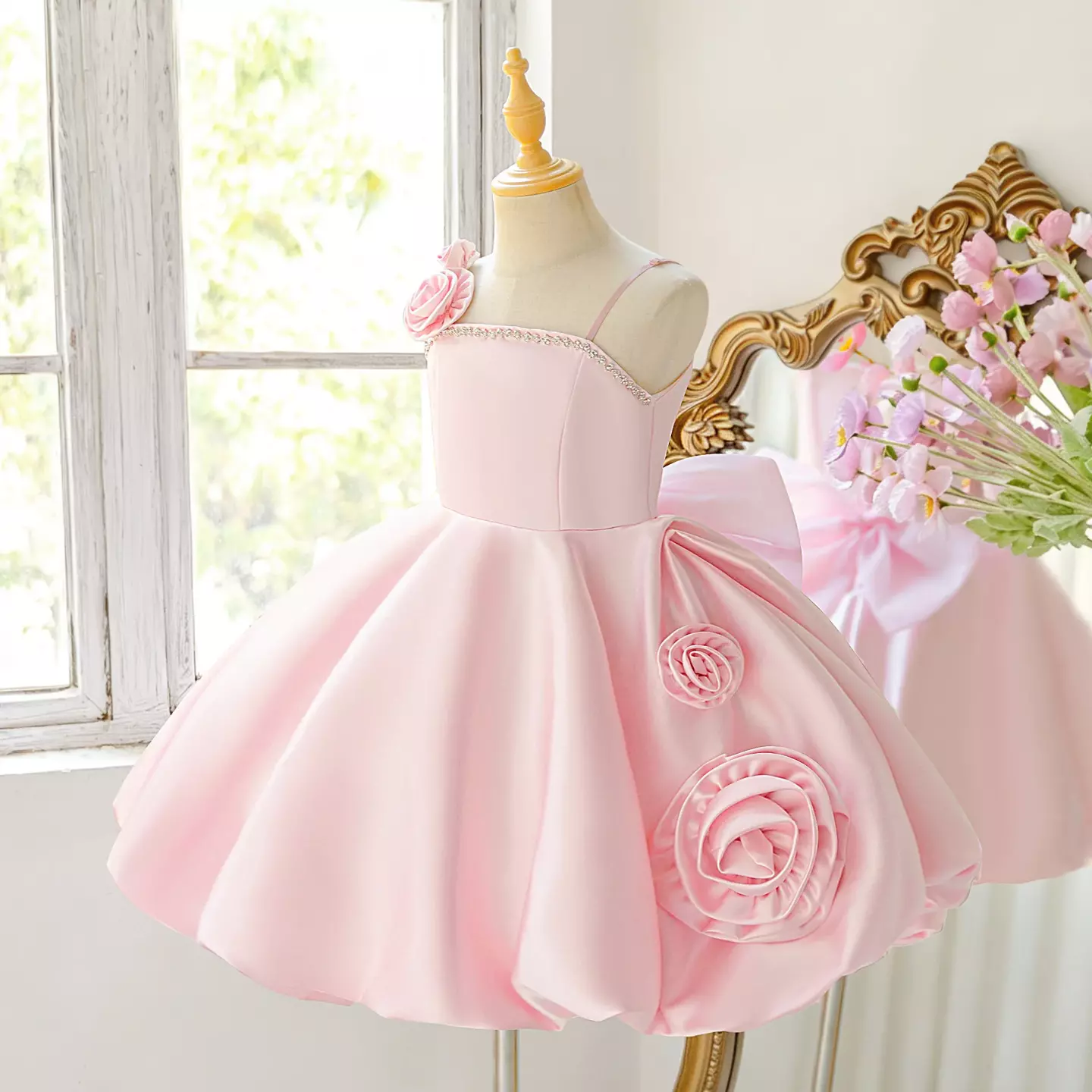 Camila Pink Rose Appliqué Strappy Knee Length Girls Party Dress
