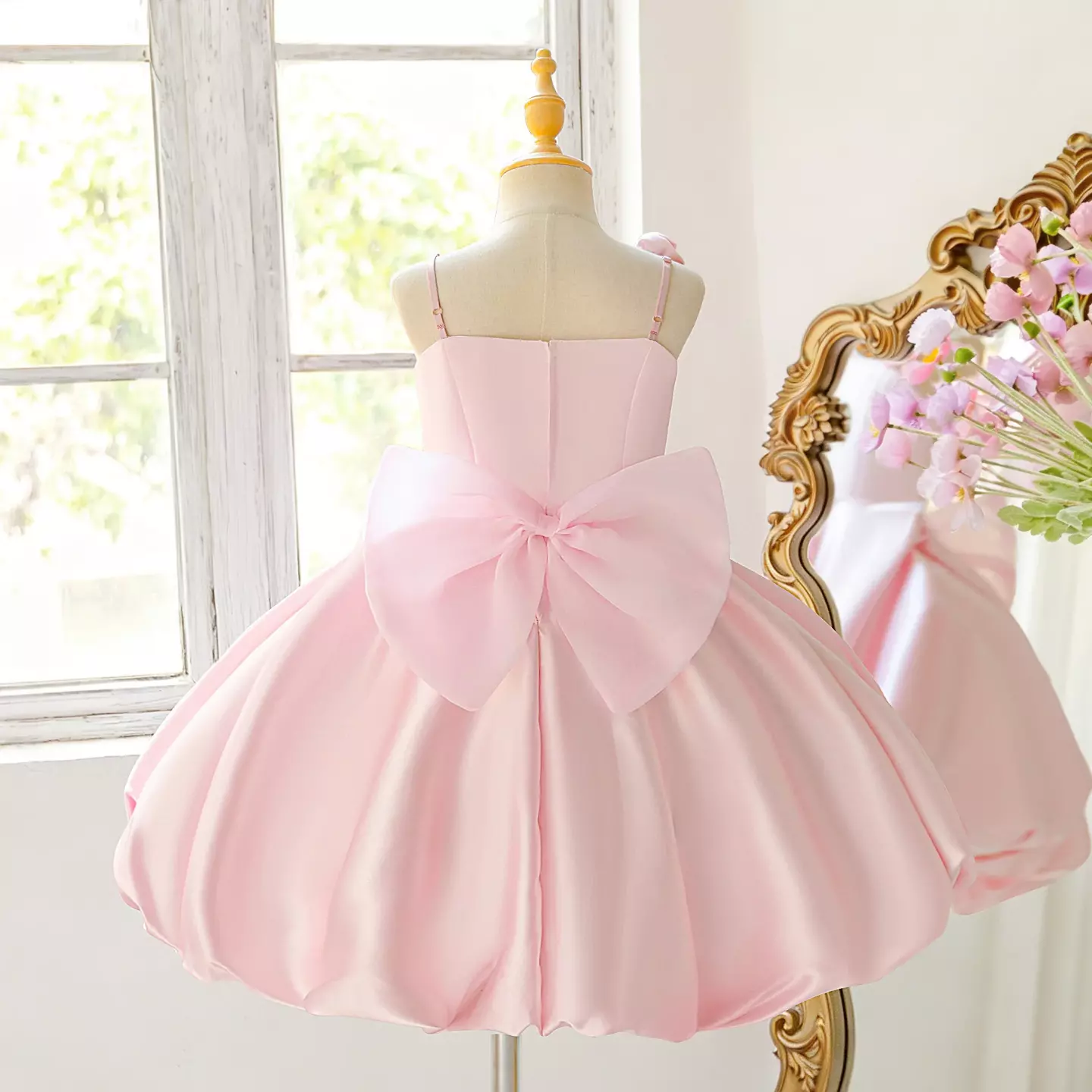 Camila Pink Rose Appliqué Strappy Knee Length Girls Party Dress