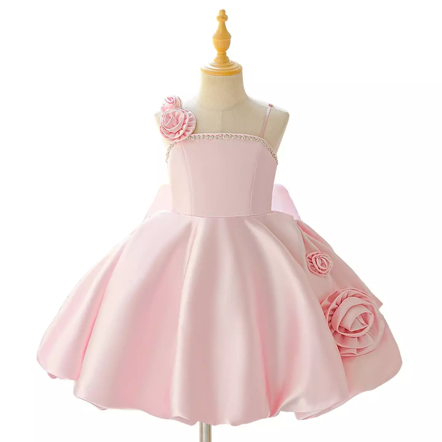Camila Pink Rose Appliqué Strappy Knee Length Girls Party Dress
