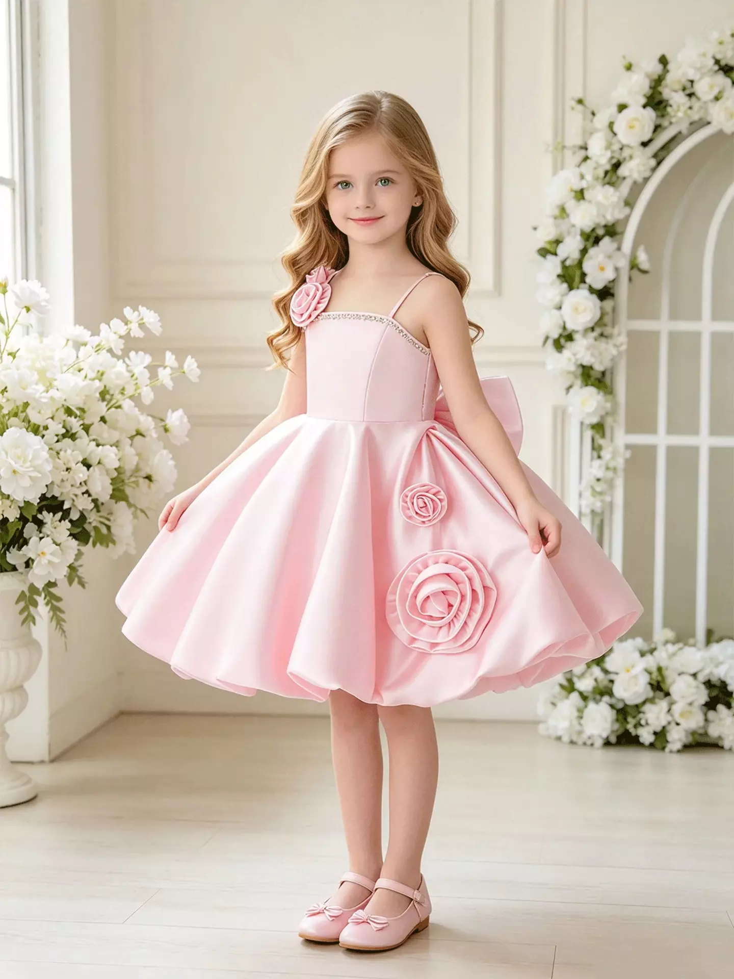 Camila Pink Rose Appliqué Strappy Knee Length Girls Party Dress