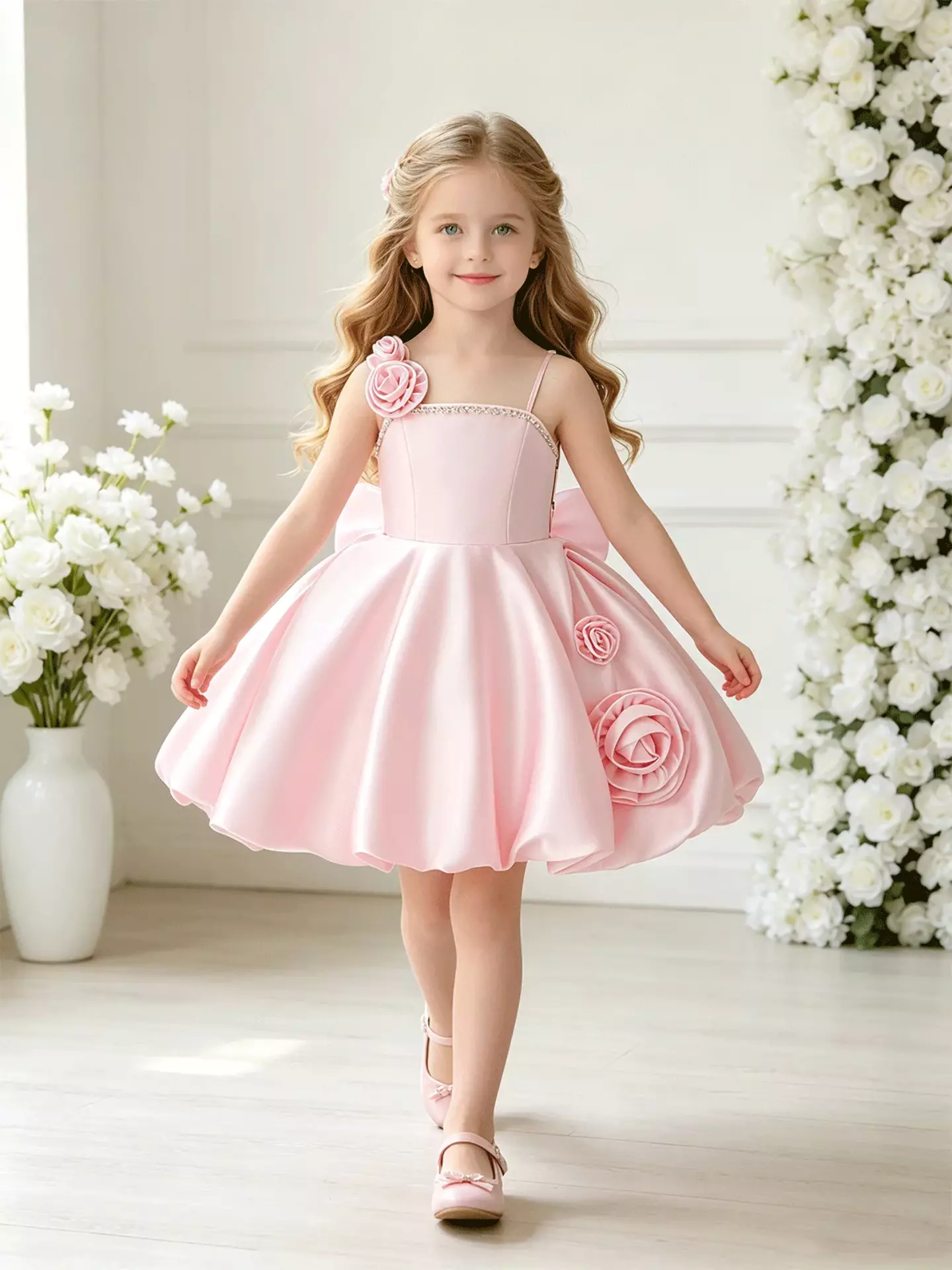 Camila Pink Rose Appliqué Strappy Knee Length Girls Party Dress