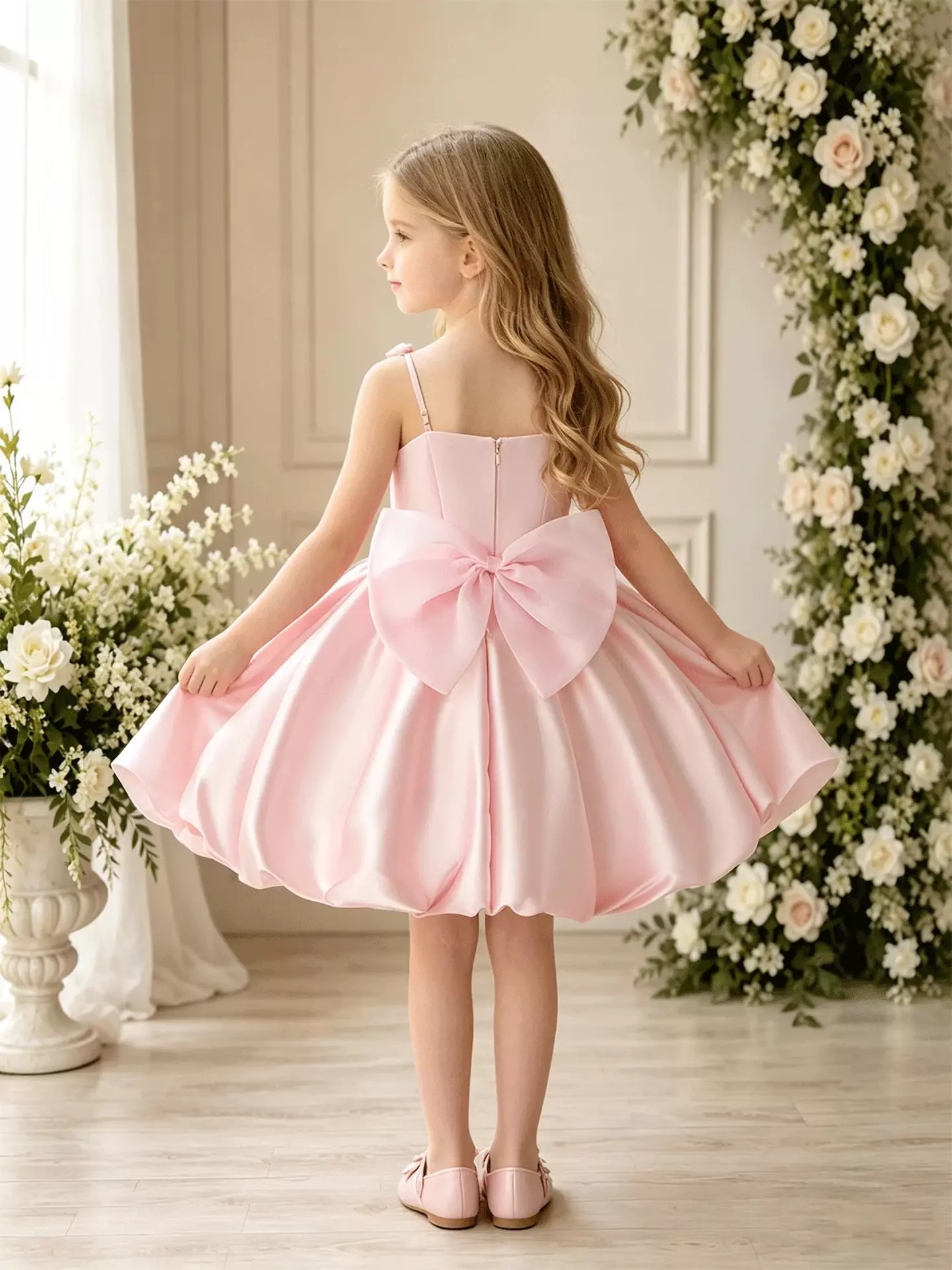 Camila Pink Rose Appliqué Strappy Knee Length Girls Party Dress