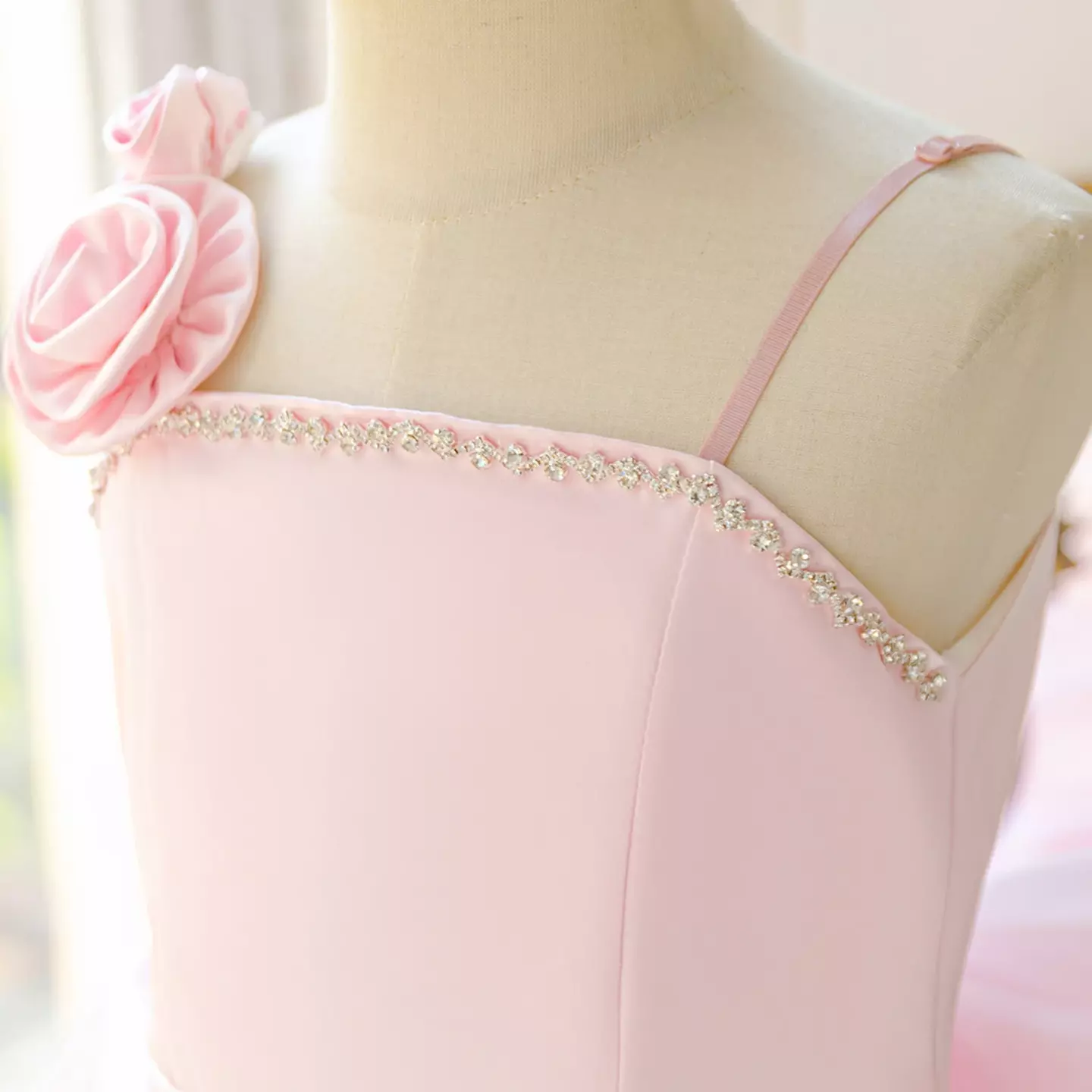 Camila Pink Rose Appliqué Strappy Knee Length Girls Party Dress