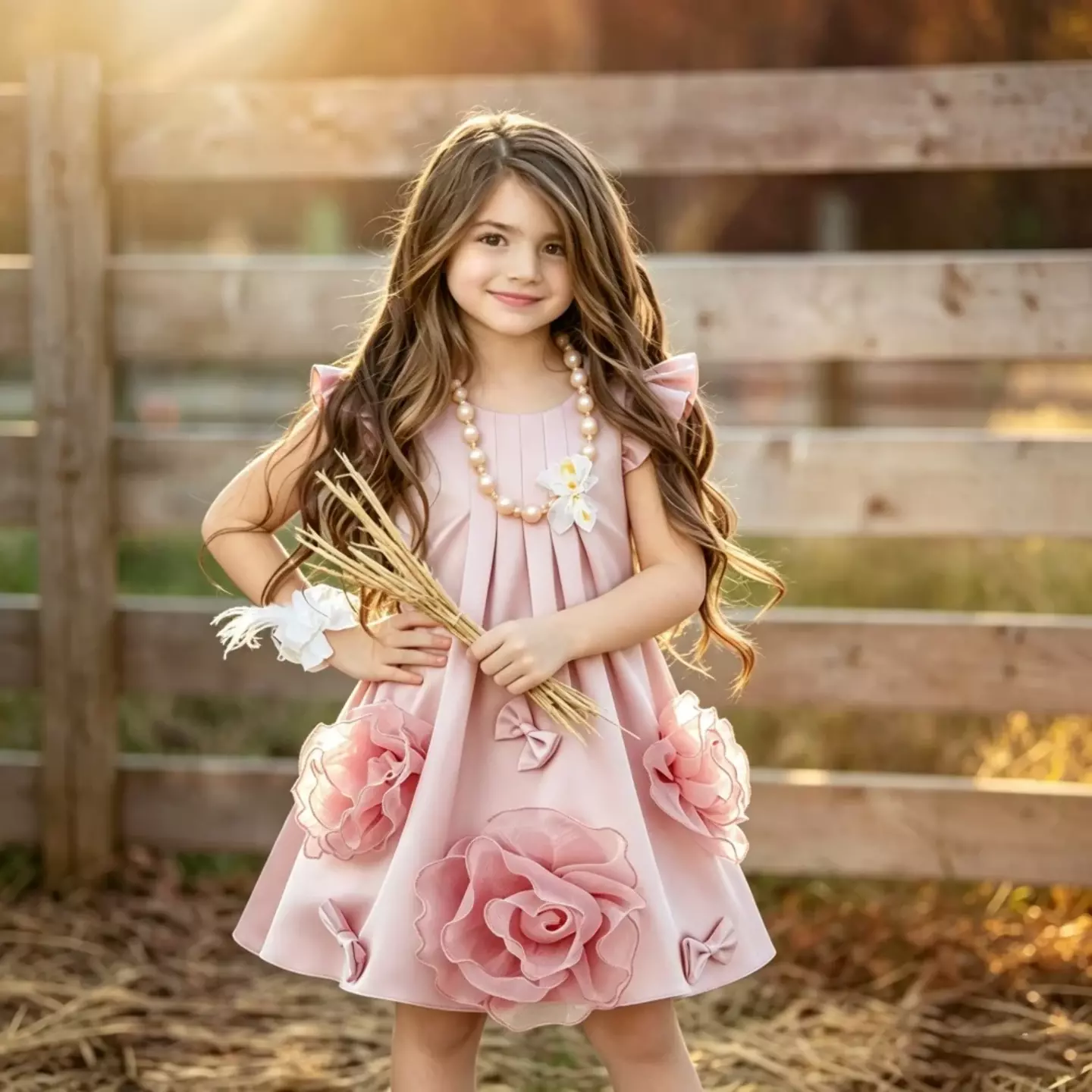 Alycia Dusty Pink Rose and Bow Ruffle Sleeve Girls Party Dress