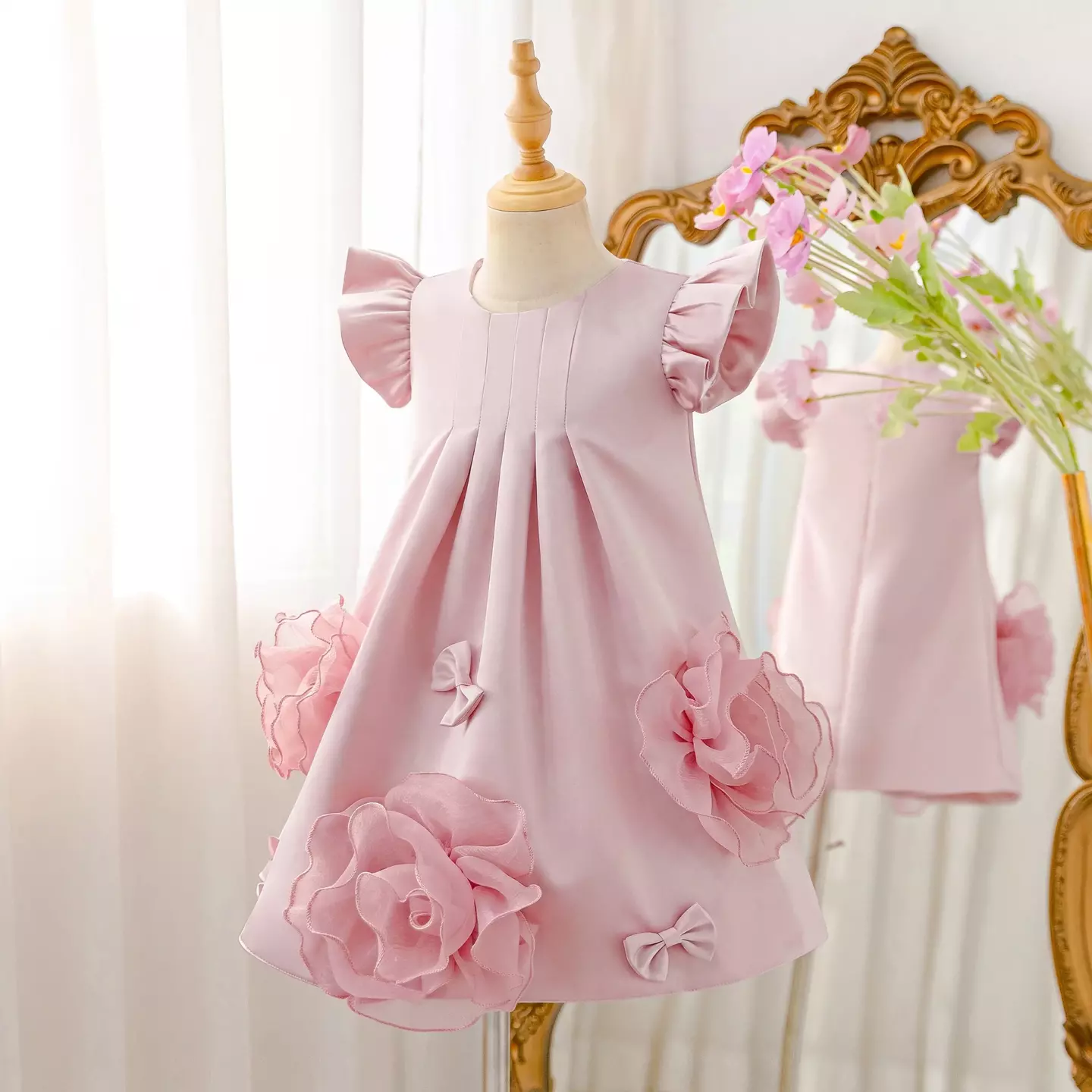 Alycia Dusty Pink Rose and Bow Ruffle Sleeve Girls Party Dress