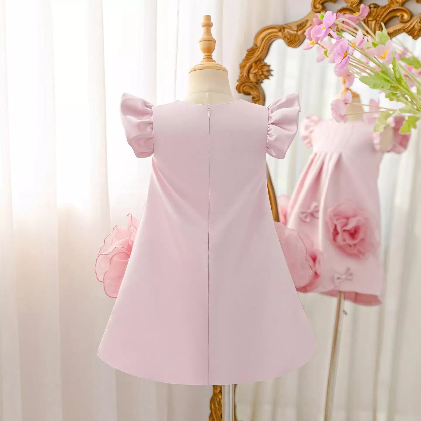 Alycia Dusty Pink Rose and Bow Ruffle Sleeve Girls Party Dress