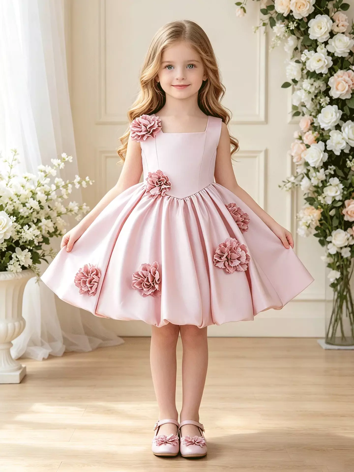 Elisabetta Dusty Pink Flower Applique Girls Party Dress