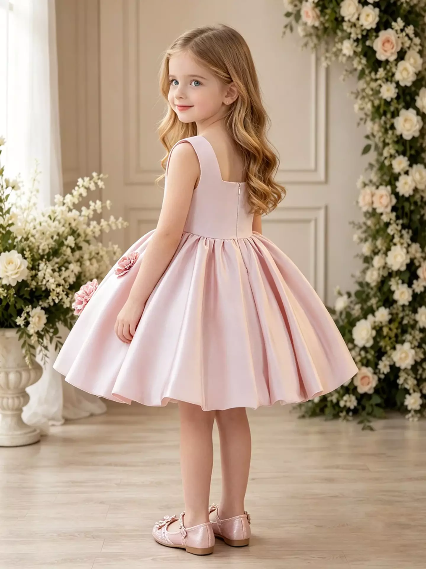 Elisabetta Dusty Pink Flower Applique Girls Party Dress