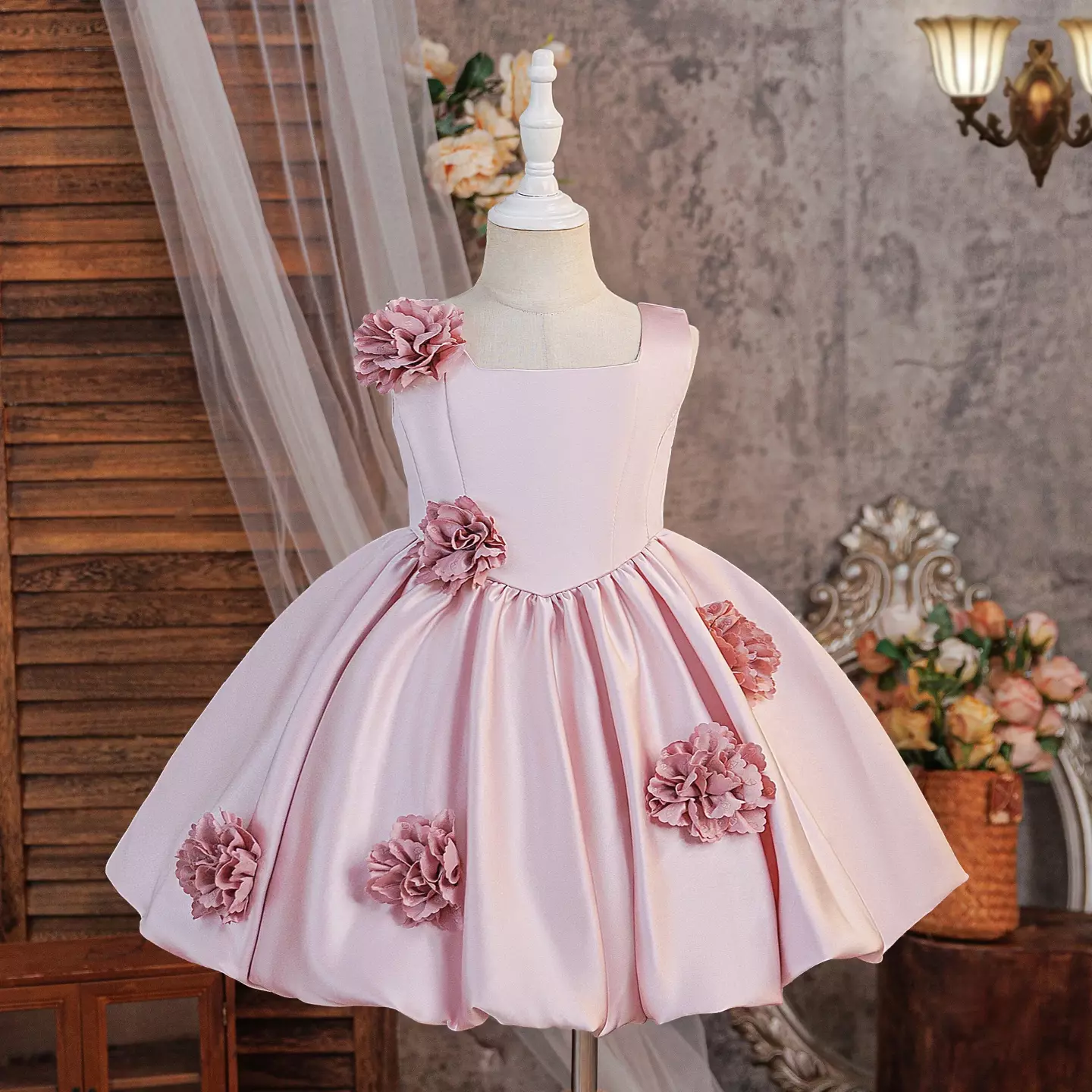Elisabetta Dusty Pink Flower Applique Girls Party Dress