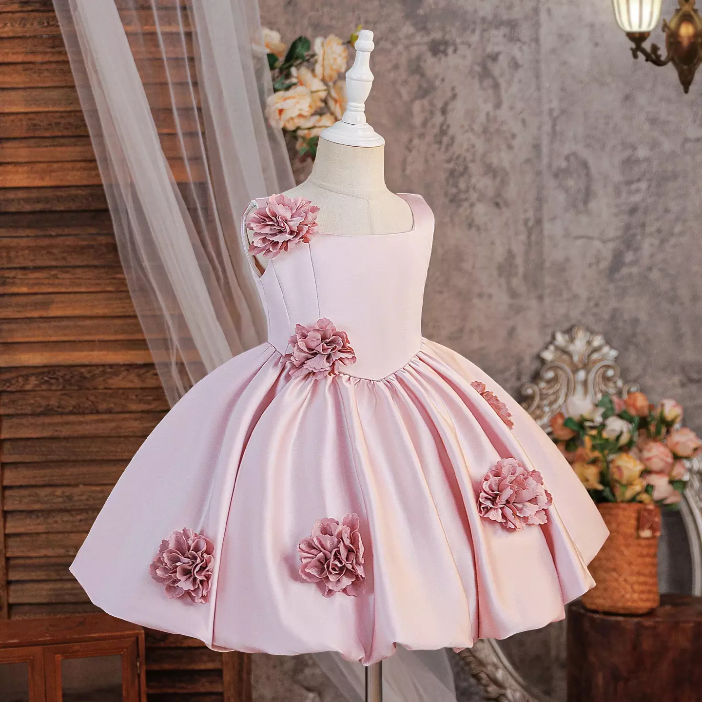 Elisabetta Dusty Pink Flower Applique Girls Party Dress
