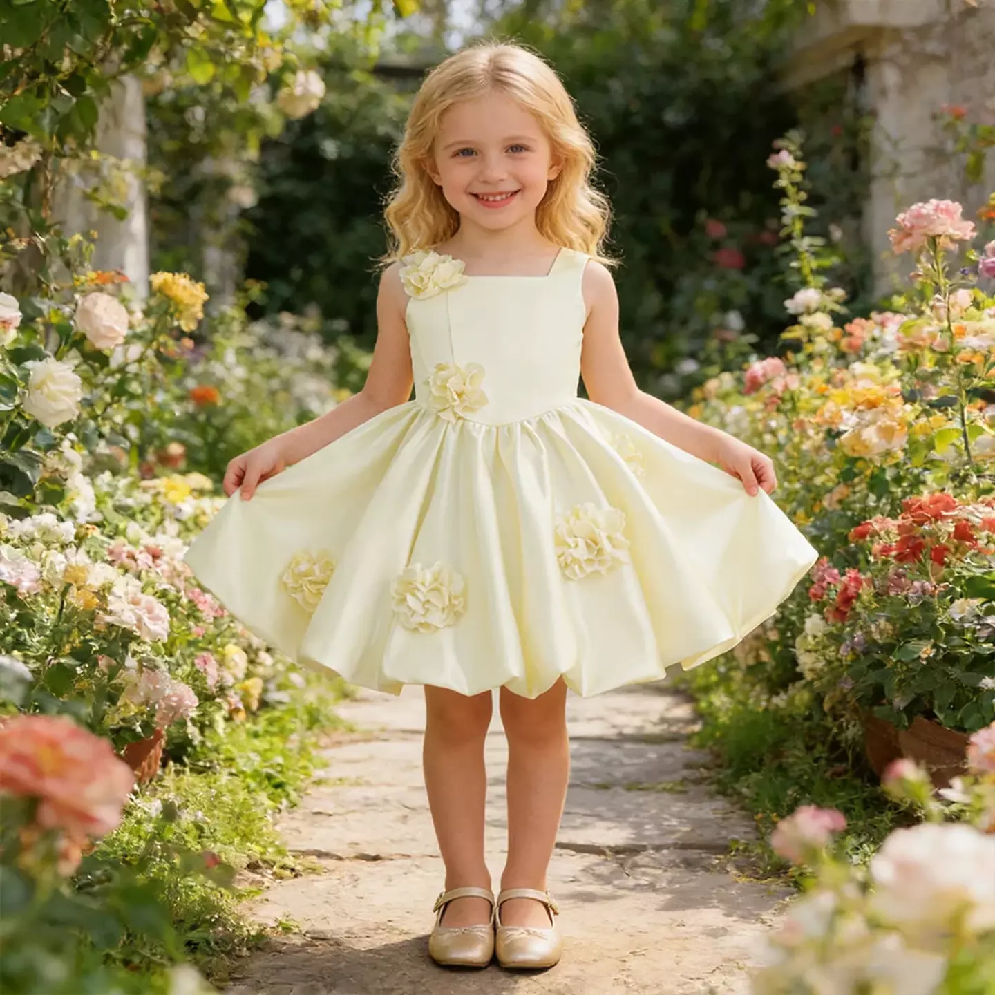 Elisabetta Ivory Sleeveless Floral Girls Party Dress