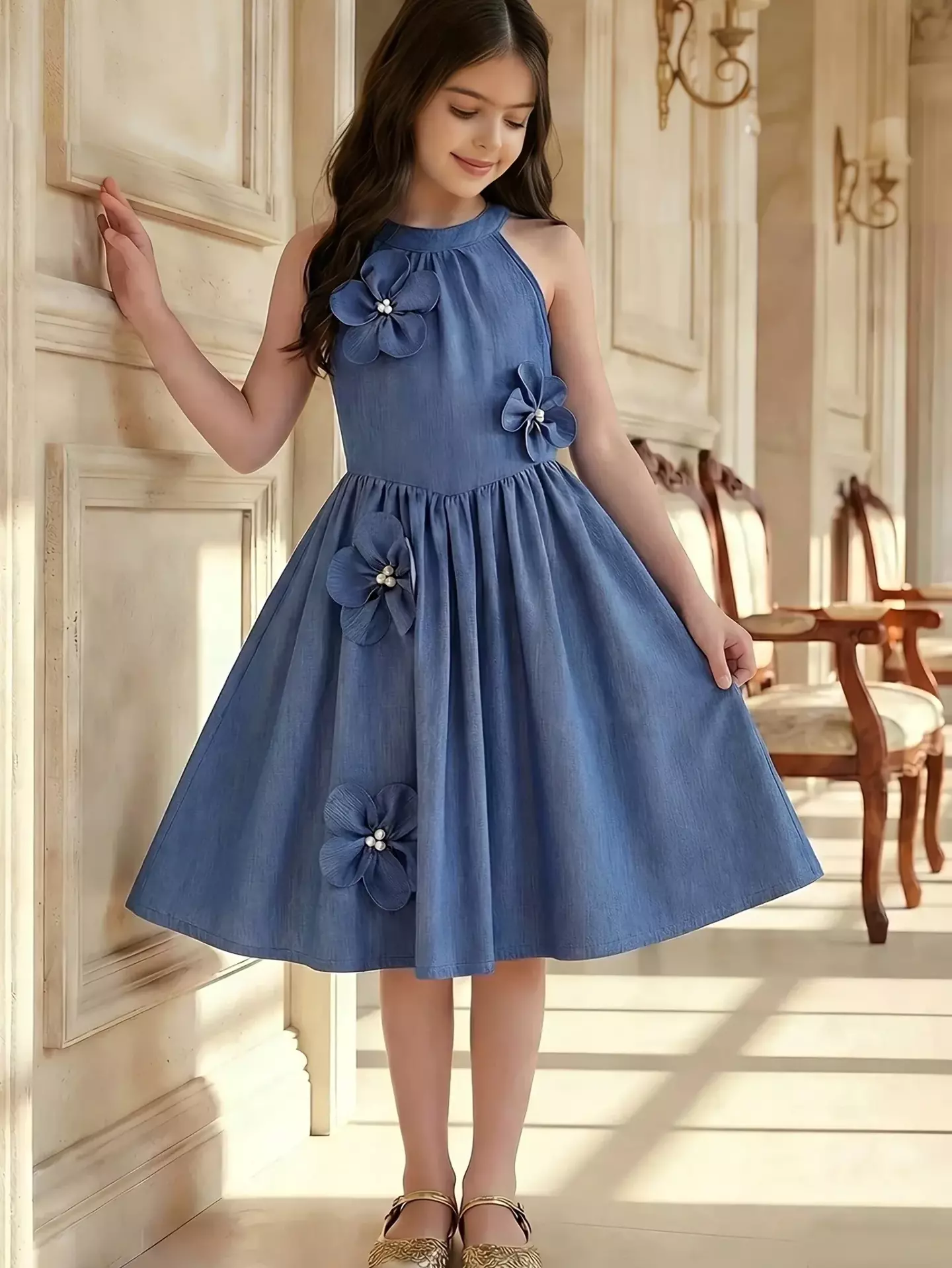 Ashlyn Navy Blue Beaded Flower Halter Girls Casual Dress