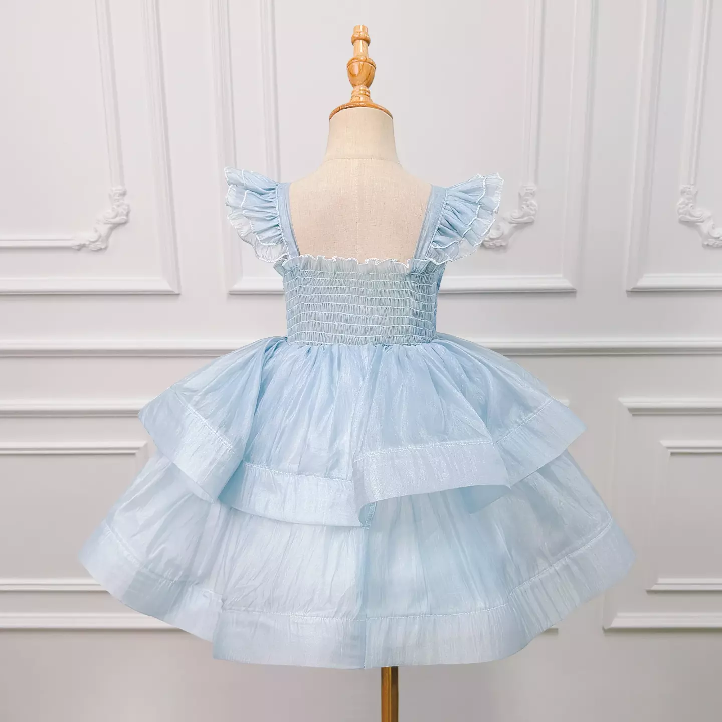 Maya Blue Ruffle Strap Ruched Tiered Girls Party Dress